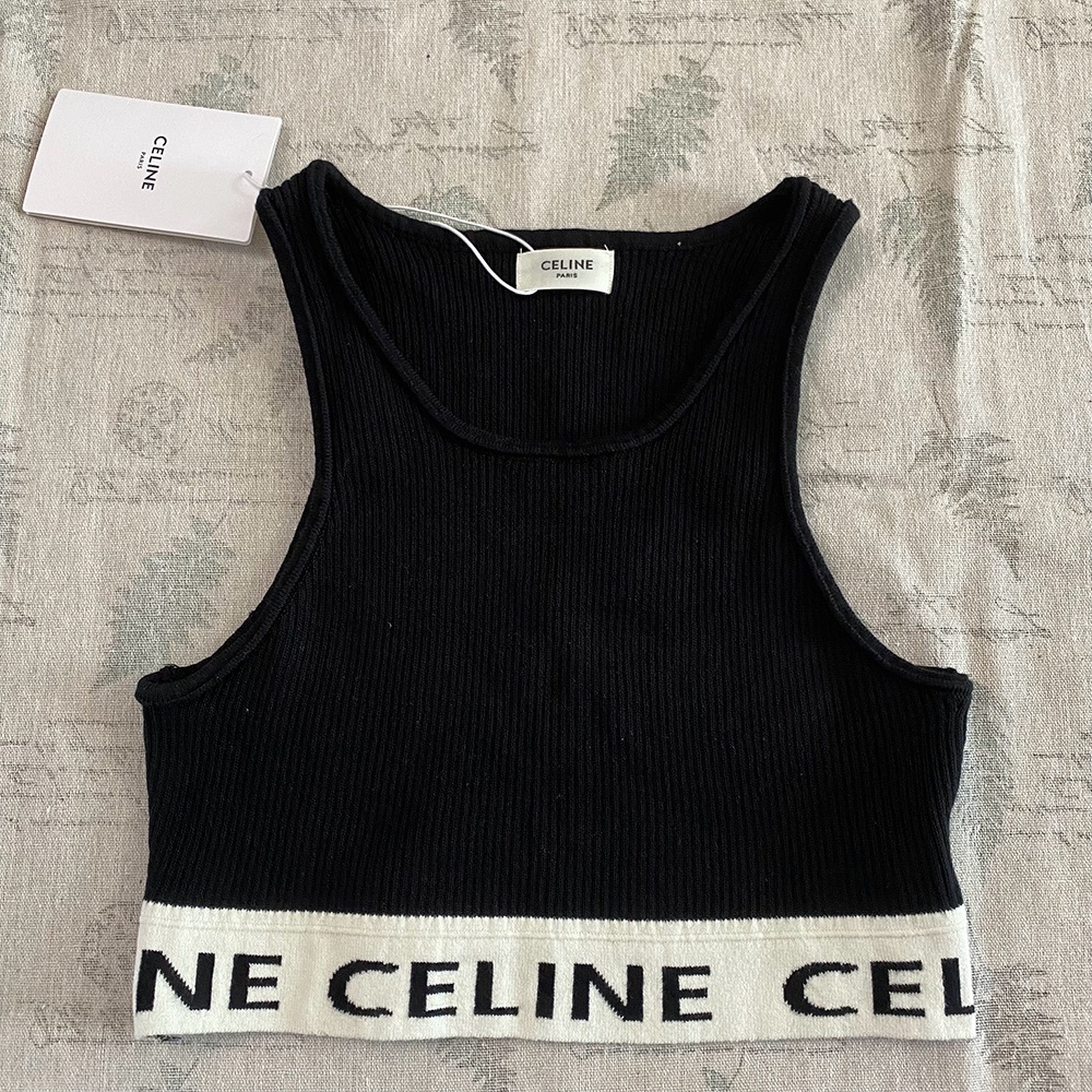 Celine Black Logo Intarsia Rib Knit Halter Neck Crop Top S